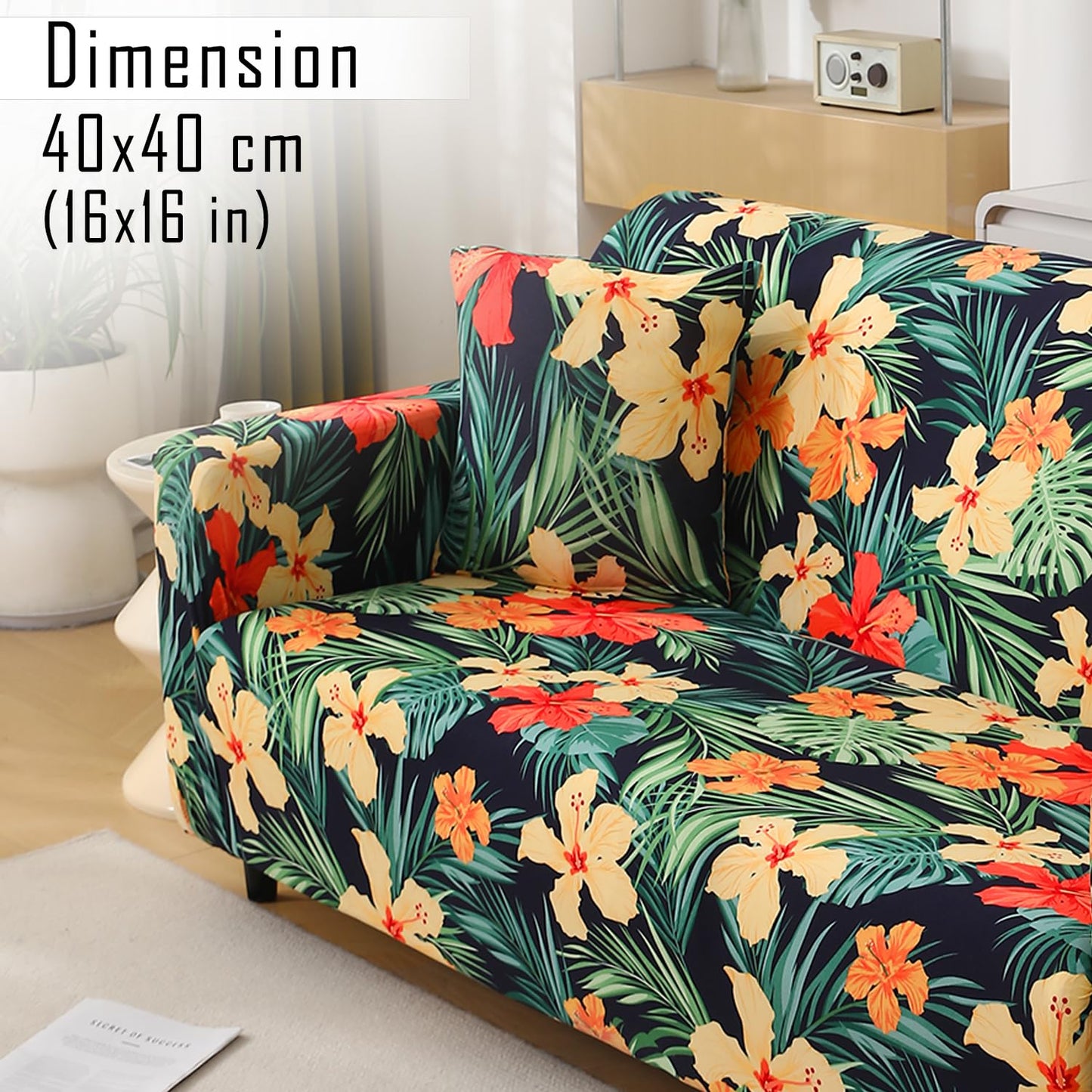 HOKIPO Stretchable Pack of 2 Cushion Cover 16x16, Spring Green Hibiscus