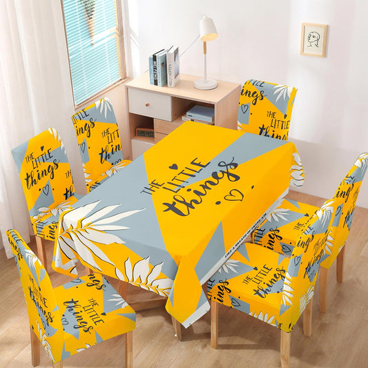 HOKIPO Polyester Dining Chair Covers Set of 4/6 with Matching Tablecloth, Typography Cyber Yellow
