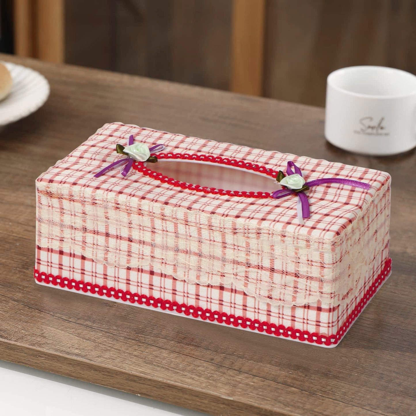 Plastic Tissue Paper Box Holder, Check Red