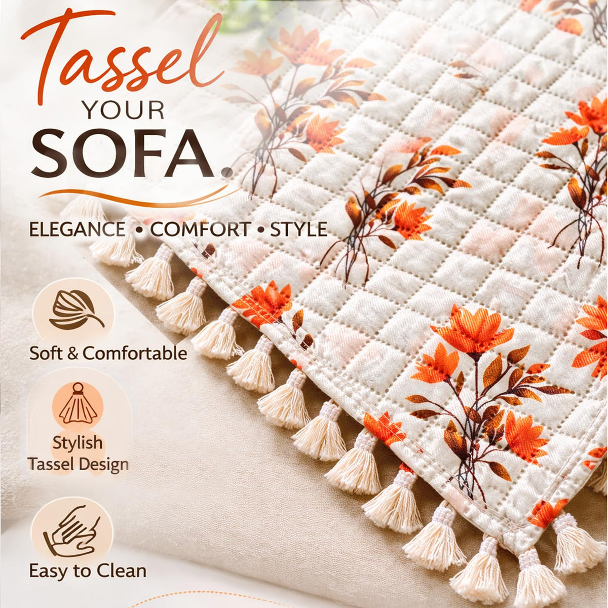 Quilted Sofa Cover 5-Seater Sofa Cover (3+1+1), Tassel Twigs | Autumn Blossom
