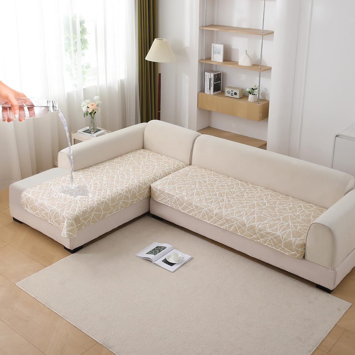 Waterproof Printed Quilted Quick Dry L Shape Sofa Seat Cover Mat, Beige Abstract Geometry