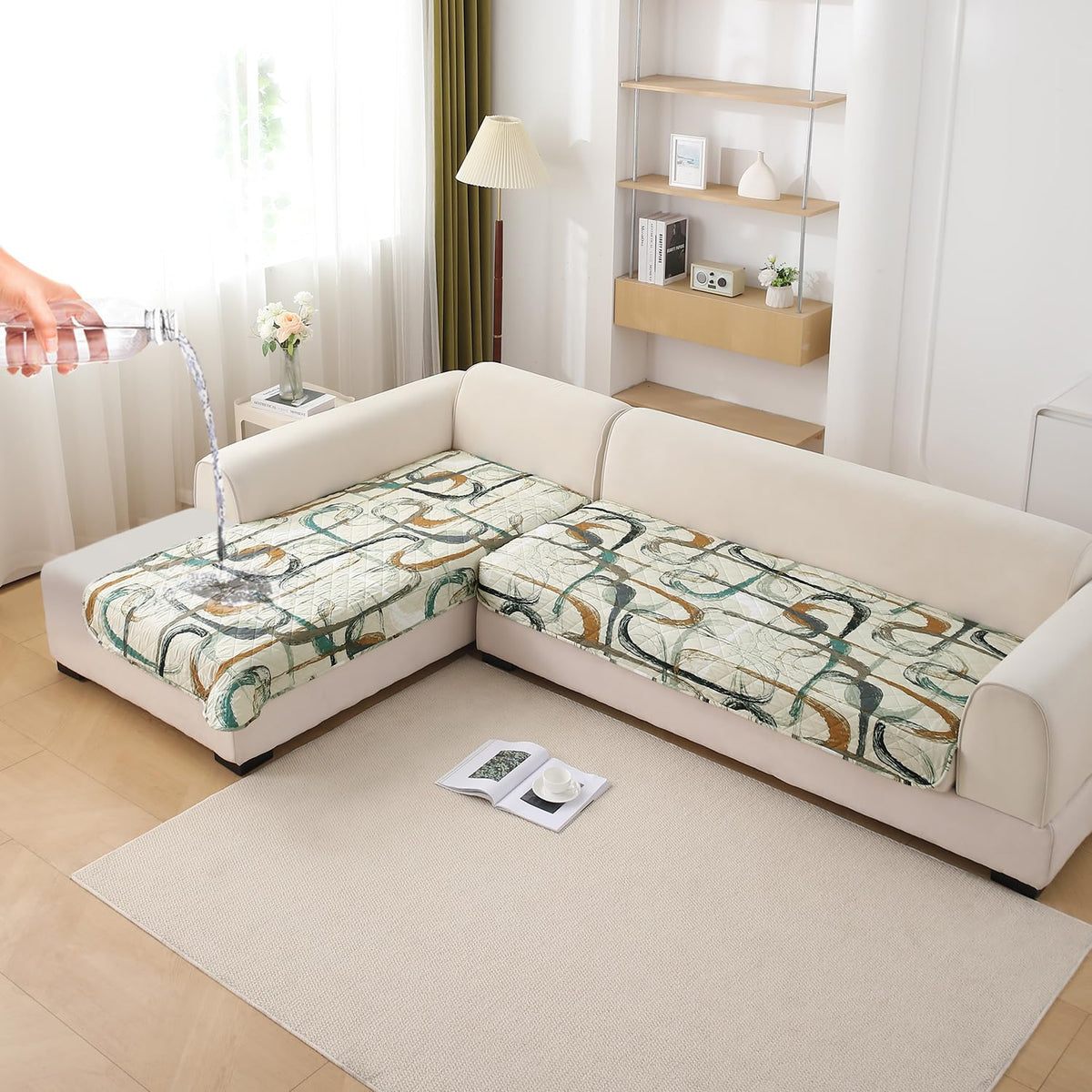 Waterproof Printed Quilted Quick Dry L Shape Sofa Seat Cover Mat, Parchement Beige Abstract Art
