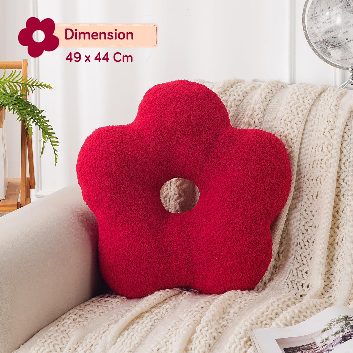 HOKIPO Flower Shaped Cushion for Sofa & Bed, 49 cm, Red