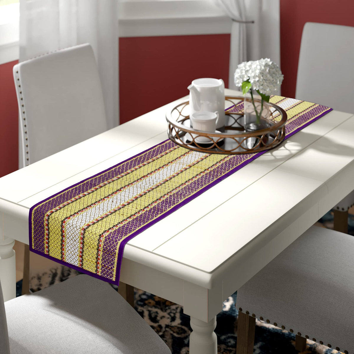 Buy Purple Colour Handmade Madurkathi Dining Table Runner - HOKIPO | Har Ghar ka Humsafar