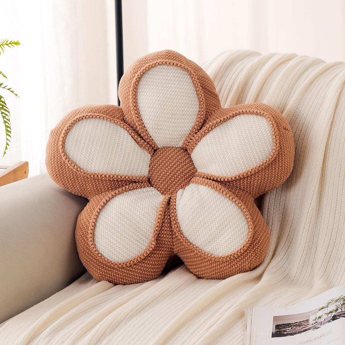 HOKIPO Daisy Petal Flower Cushion for Sofa & Bed, 47 cm, Brown