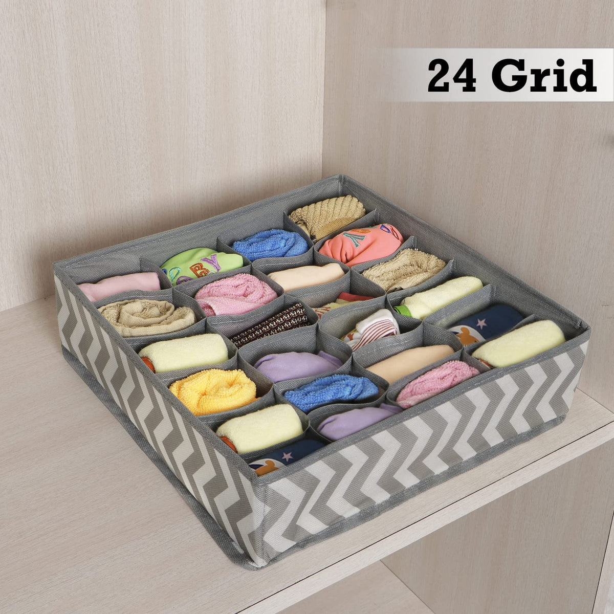 HOKIPO Fabric Undergarment Organizer Storage Box for Wardrobe - 24 Grid, Grey