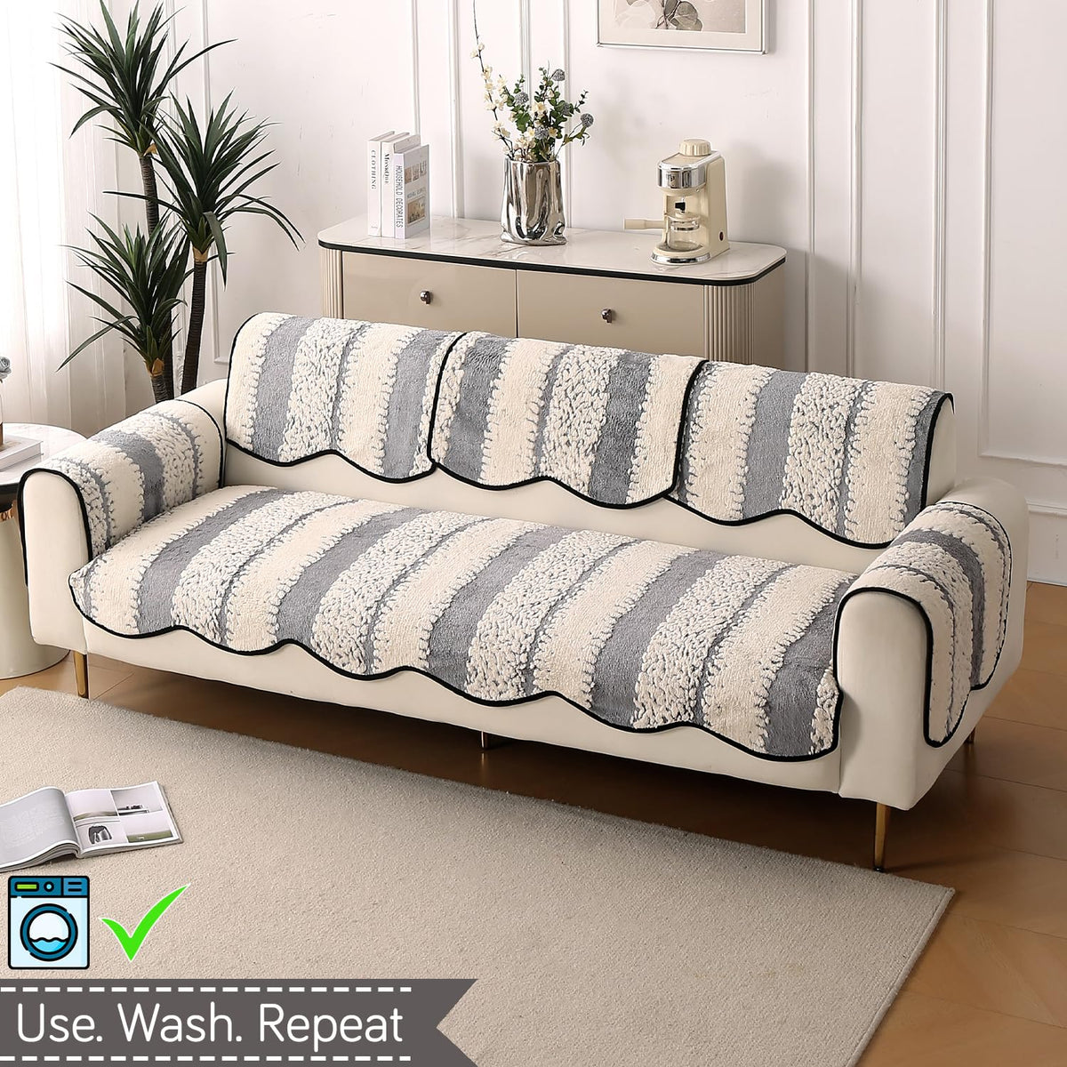 Luxury Sofa Cover Set | Seat, Back & Arm Covers | Anti-Slip Wavy Mat – Pewter Grey