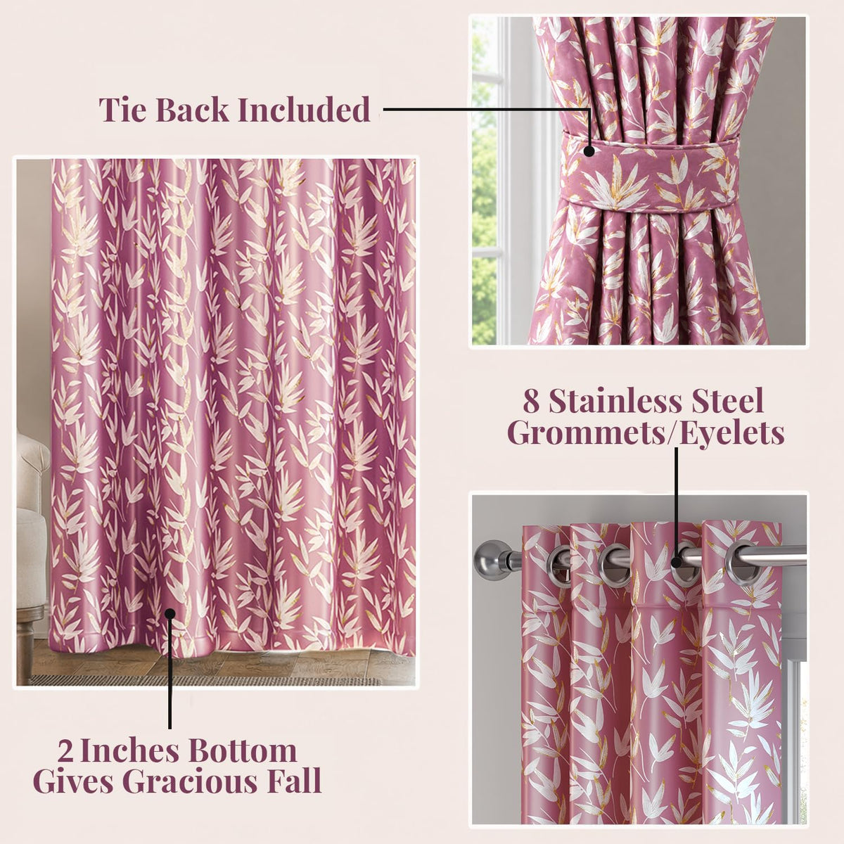 HOKIPO Luxe Foliage Foil Printed Curtains, 7 Feet Long - Onion Pink - image 4