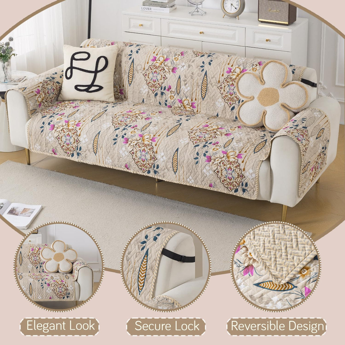 Easy Drape Reversible Quilted 5-Seater Sofa Cover (3+1+1), Garden Classic