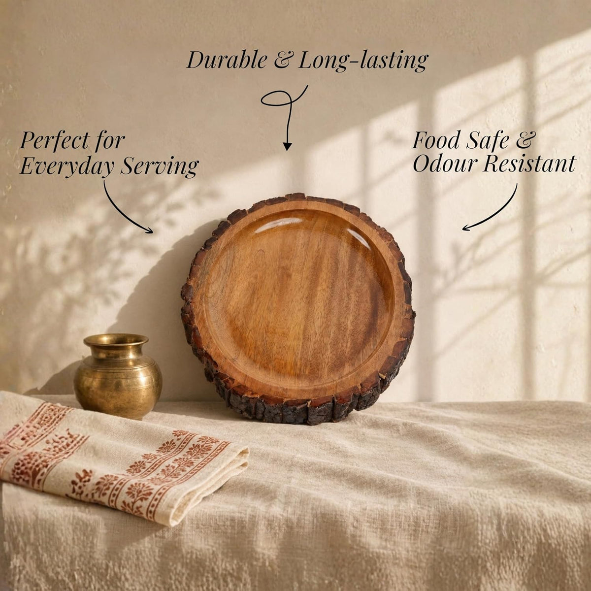 HOKIPO Arbor Mango Wood Round Serving Tray with Bark Edge, 28 cm - image 5