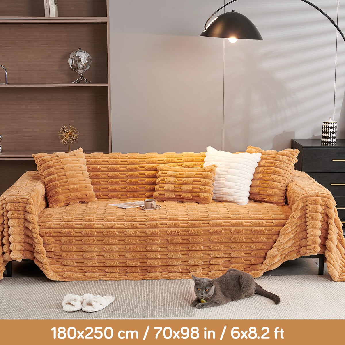 Ochre Brown Luxury Waxy Faux Rabbit Fluffy Plush Sofa Throw – 3 Seater | HOKIPO