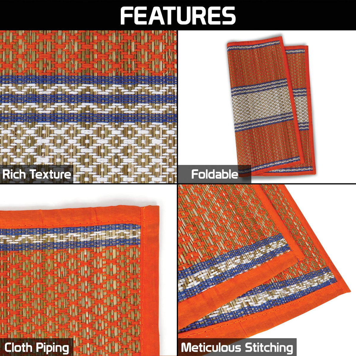 Natural River Grass Handcrafted Pooja Floor Mats/Meditation Prayer Mat/Sittting Mat/Aasan Mat Chatai for Pack of 2/4/6/8, Orange