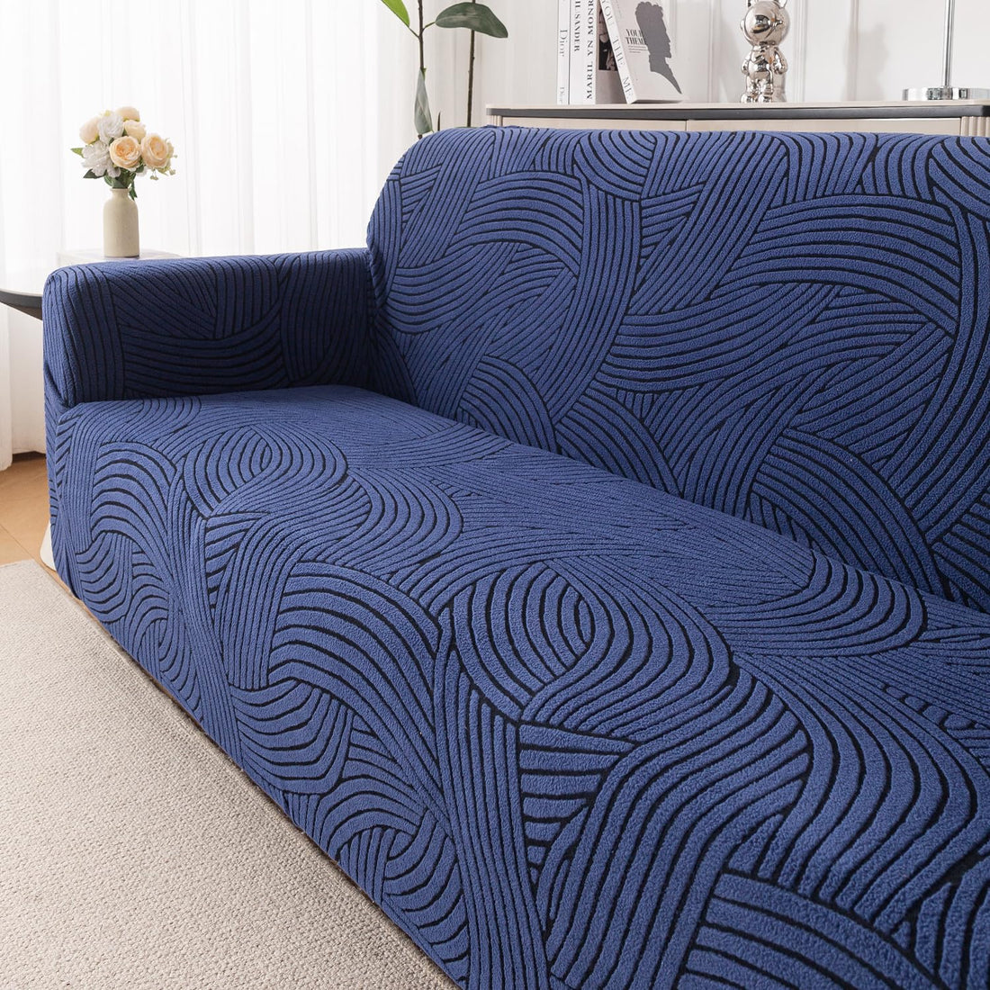 'WaveLine Series' Jacquard Sofa Cover 1/2/3/4-seater Fully Covered, Royal Blue