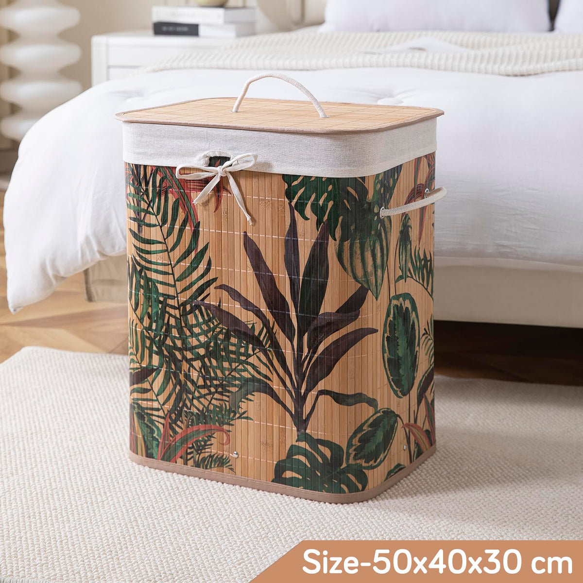 Eco-Friendly Foldable Bamboo Laundry Basket Hamper with Lid, Large - 60 Liter, Ficus Leaves