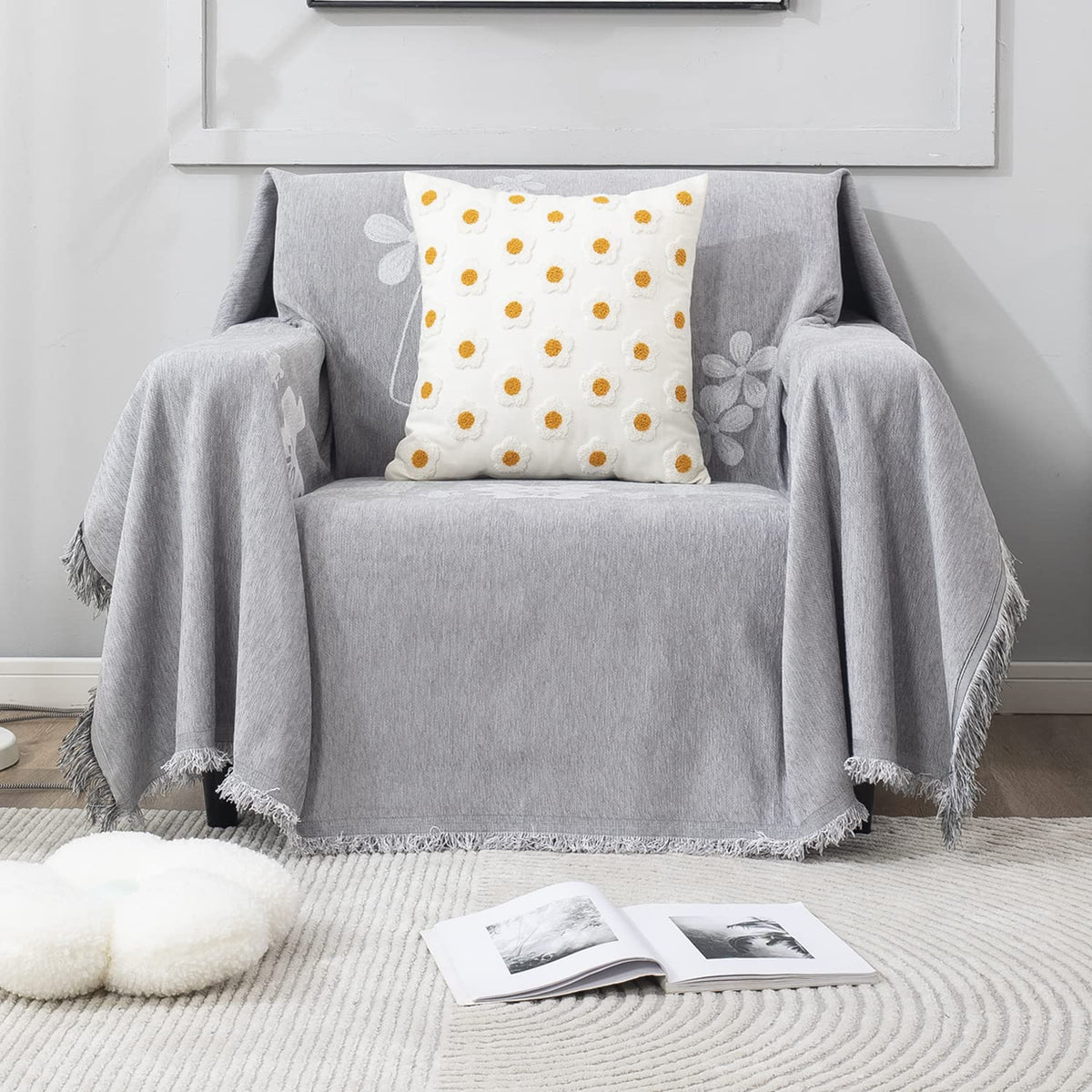 Thick, Soft and Pet Friendly Chenille Sofa Cover Throw, Grey Nature