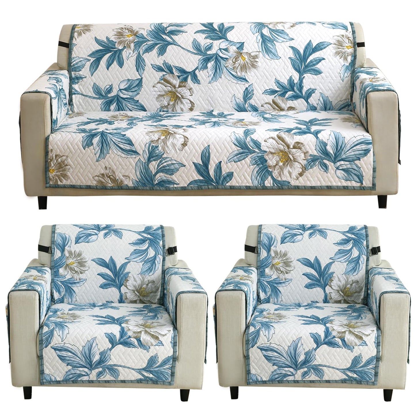 Celadon Blue Camellia Printed quilted 3 1 1 seater sofa cover