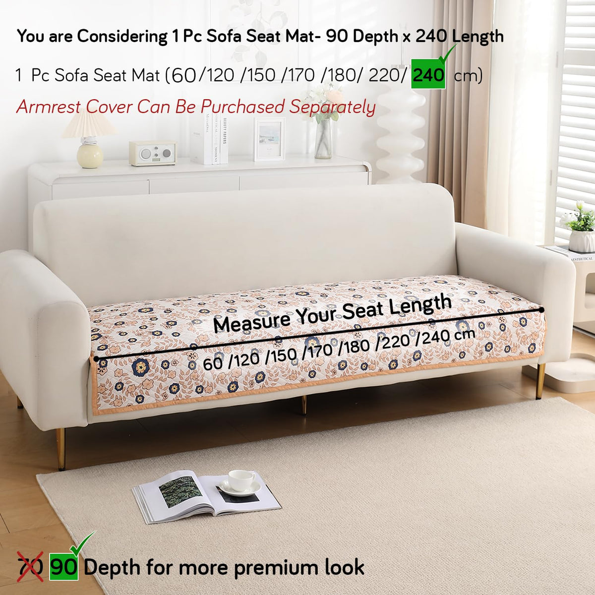 'Homehues' Printed Quilted Sofa Cover Mats,Light Peach Candytuft