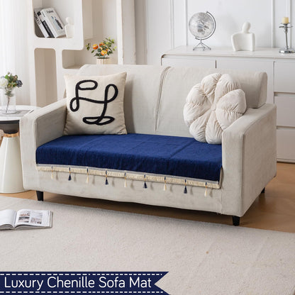 Serenity Tassel Chenille Sofa Cover with Tassel – Sapphire Navy