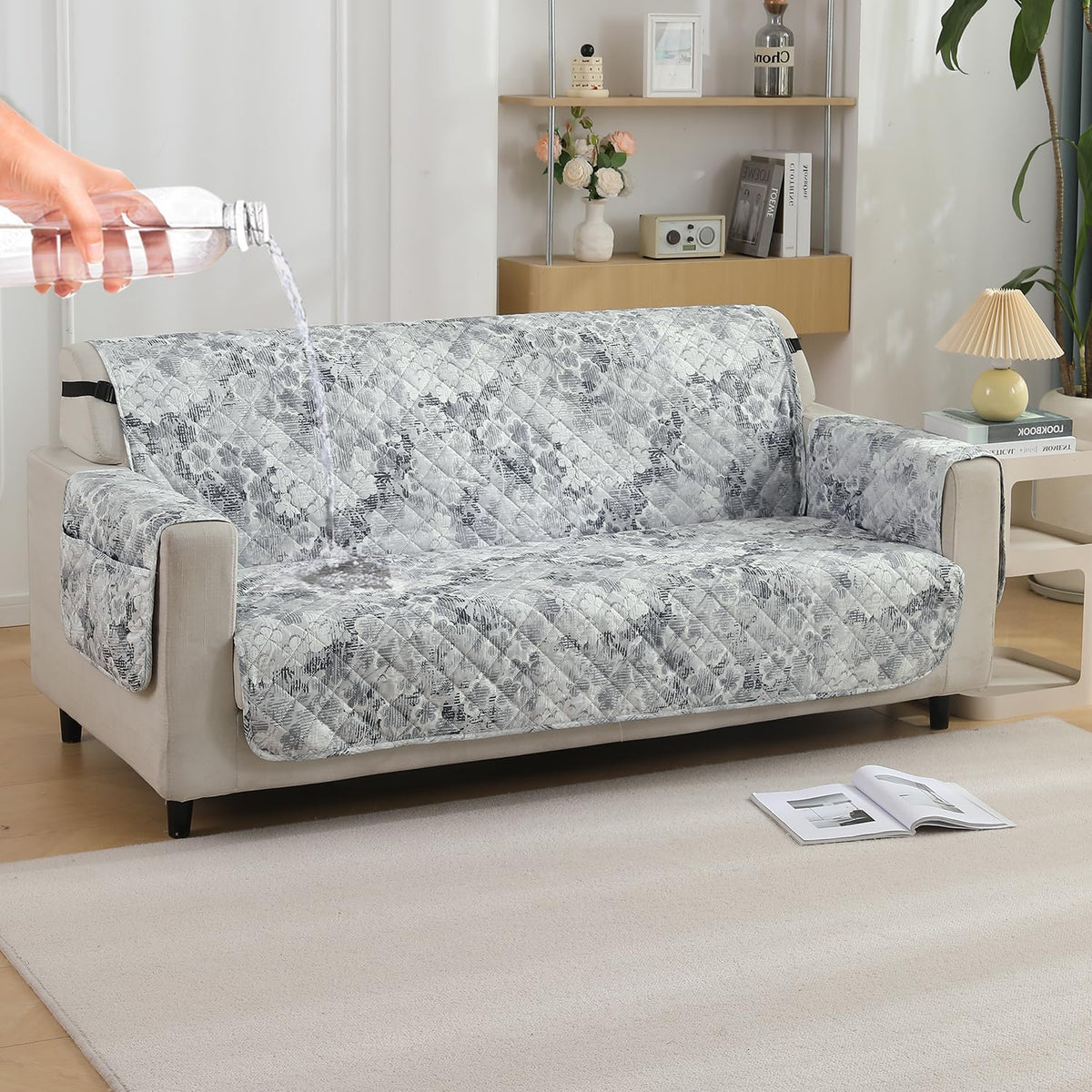 2 seater quilted waterproof sofa cover - Abstract Pale Grey print  | Hokipo