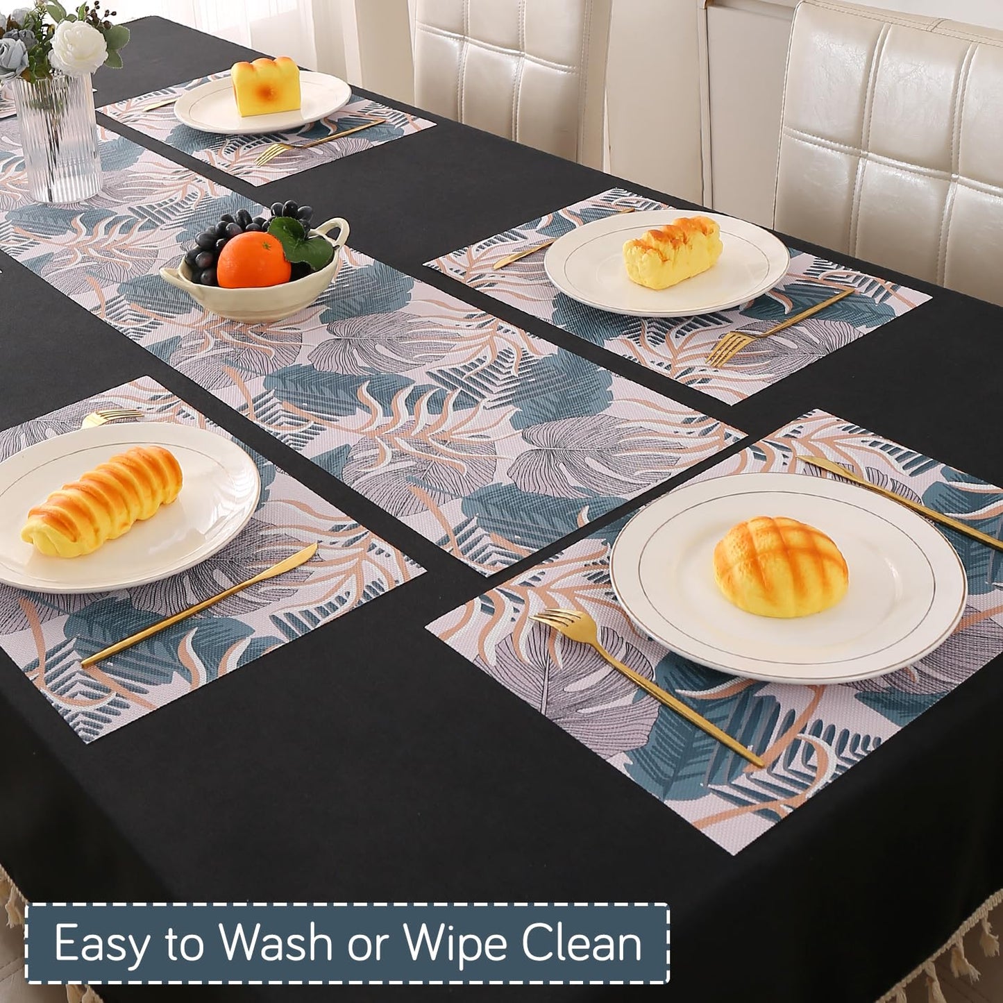 Artistic Flora PVC Washable Mats for Dining Table - Monstera Leaves