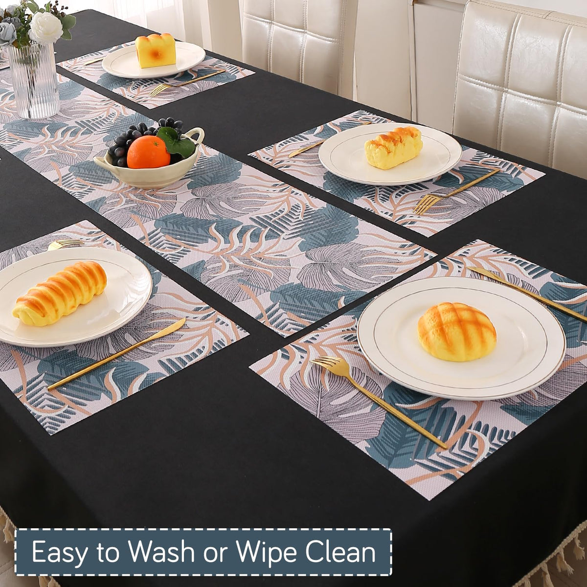 Artistic Flora PVC Washable Mats for Dining Table - Monstera Leaves