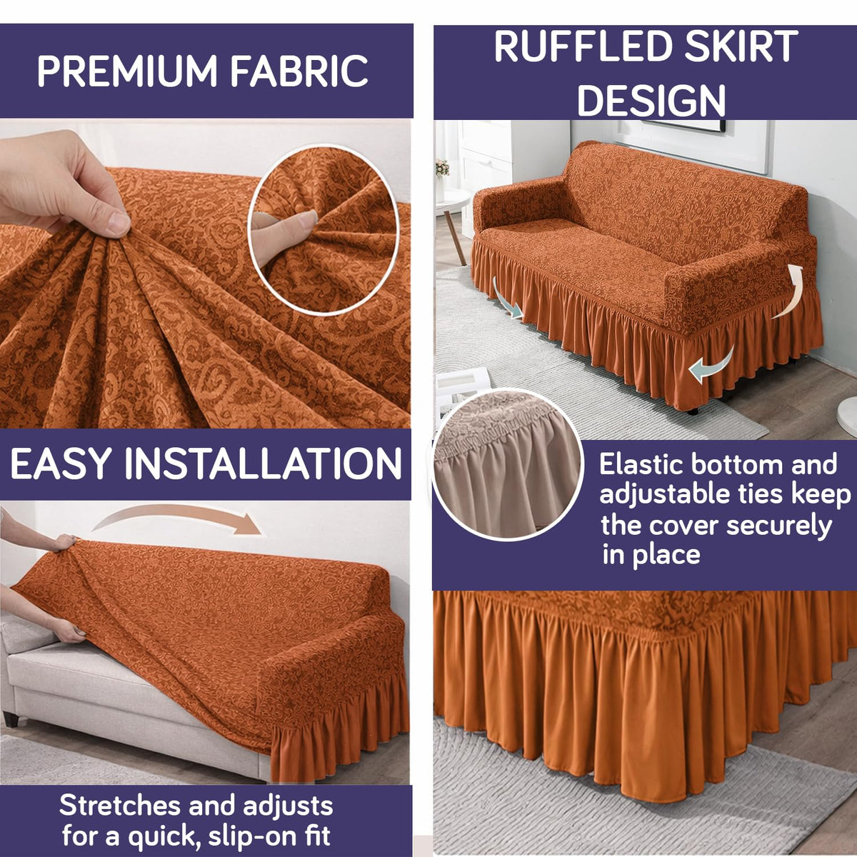 Elastic Stretchable Designer Woven Jacquard Sofa Cover with Frill, Caramel Brown