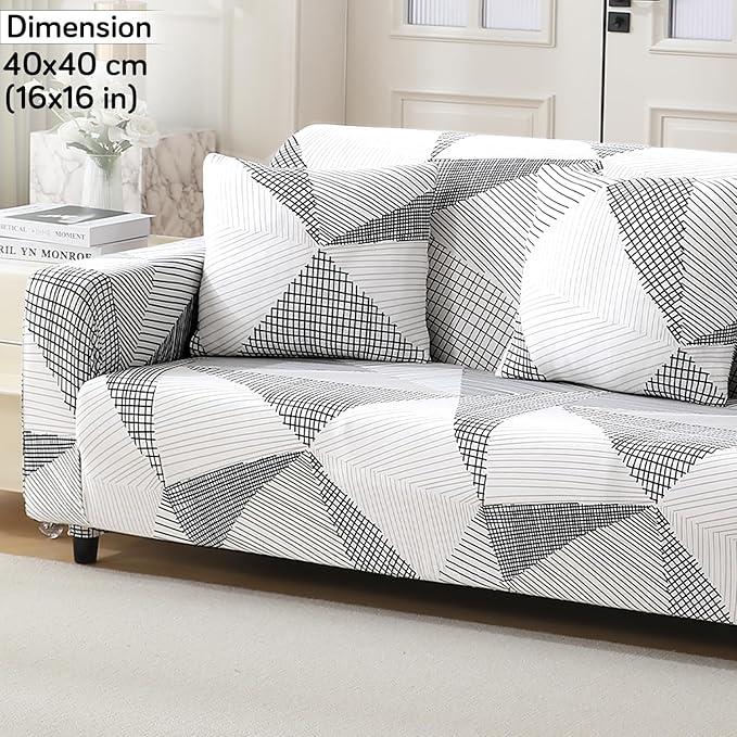 Waterproof & Quick-Dry Quilted Sofa Cover with Pockets on Armrest, Snow White Black Geometry