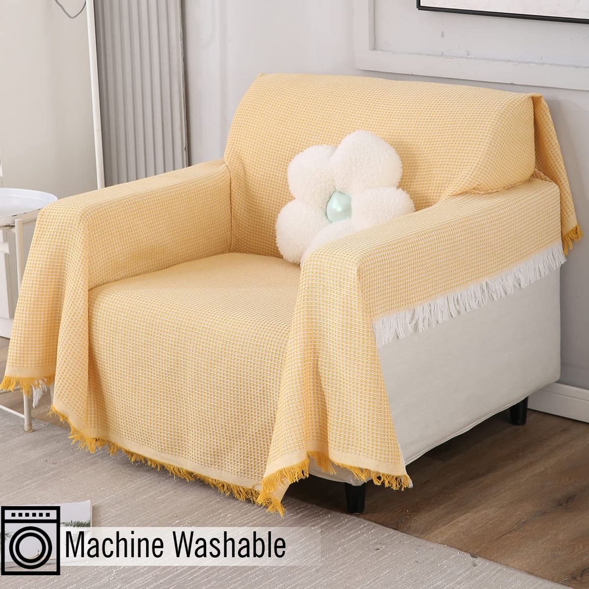 Yellow polycotton sofa throw cover is machine washable, available for 1, 2, 3 seater sofas
