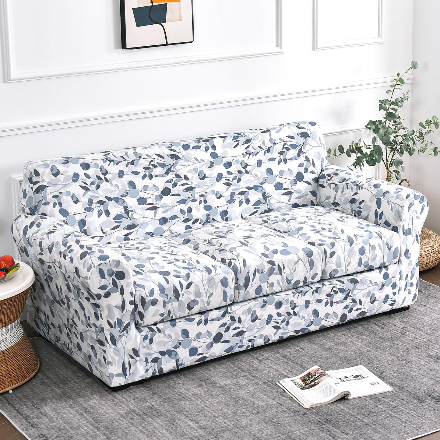 Printed Stretchable Sofa Slipcover with 1/2/3 Pc Separate Seat Cushion Cover for each 1/2/3 Seater,Frost Blue Foilage
