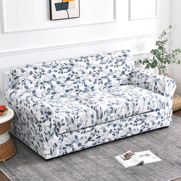 Printed Stretchable Sofa Slipcover with 1/2/3 Pc Separate Seat Cushion Cover for each 1/2/3 Seater,Frost Blue Foilage