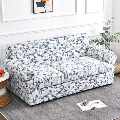Printed Stretchable Sofa Slipcover with 1/2/3 Pc Separate Seat Cushion Cover for each 1/2/3 Seater,Frost Blue Foilage