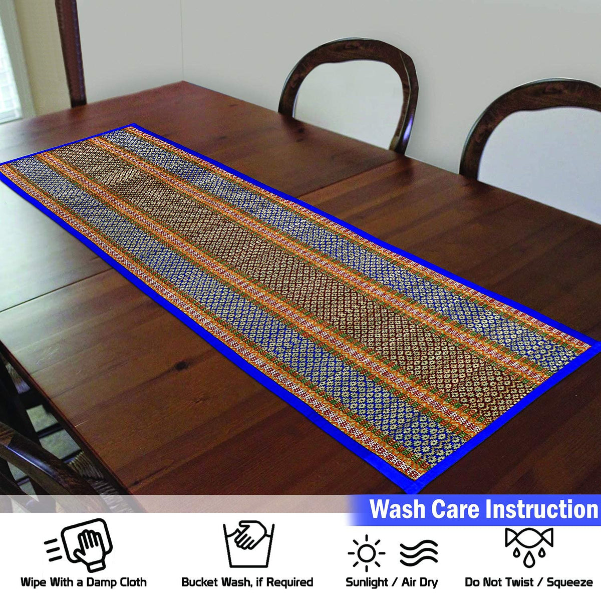 Buy Blue Colour Natural Handmade Madurkathi Table Runners for Easy To Clean By Simply Wipe Clean With A damp Cloth. Air or Sun Dry Before Storing | HOKIPO