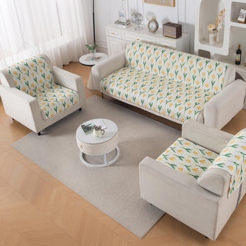 Quilted Sofa Cover 5-Seater Sofa Cover (3+1+1), Tassel Twigs | Tulip Blossom