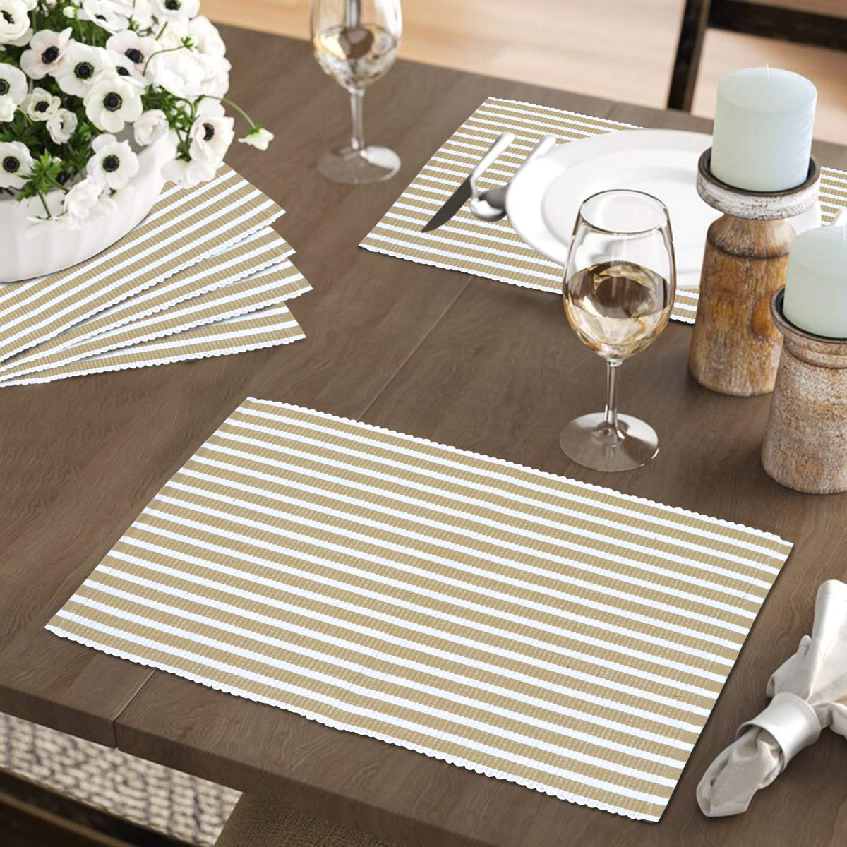 Ribbed Cotton Heat Resistant Dining Table Mat, Brown Striped