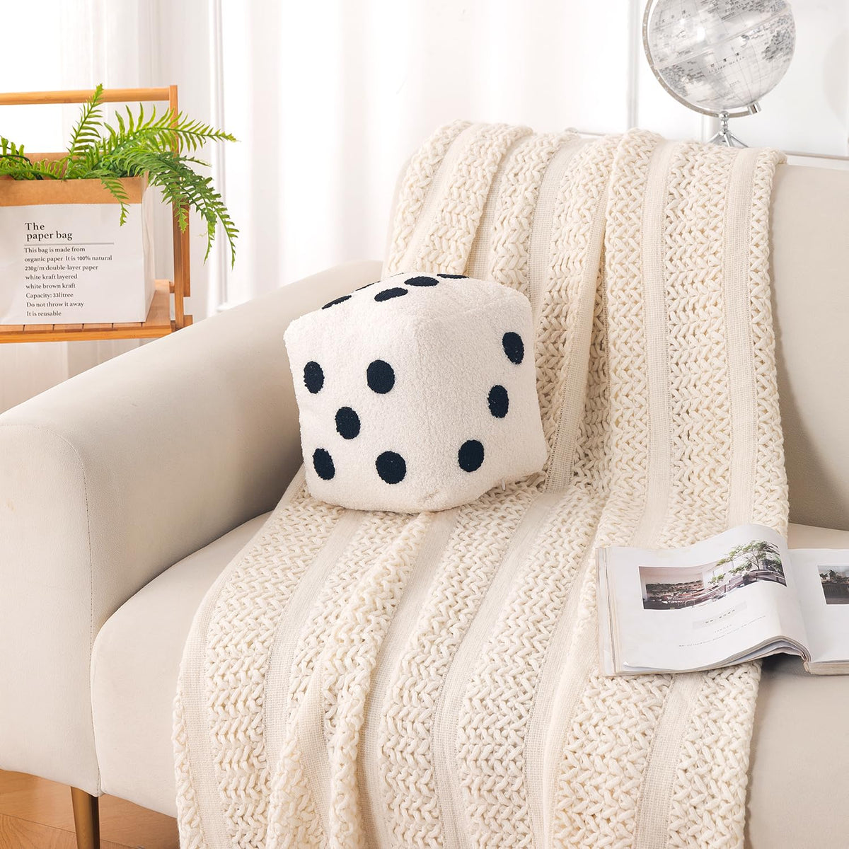 HOKIPO Dice Shaped Plush Cushion for Gaming Room & Kids Decor, 22 cm, White