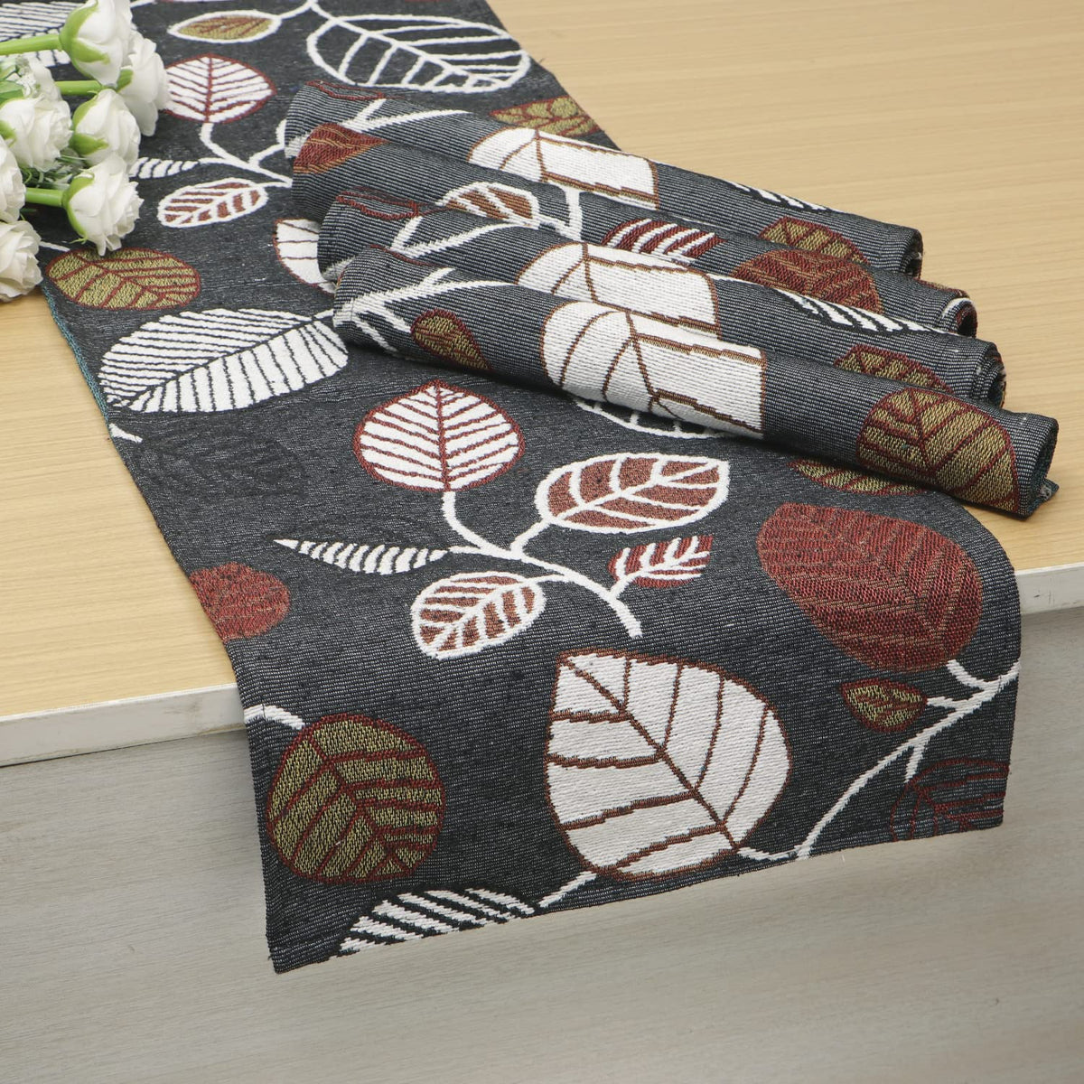 Cotton Jacquard Dining Table Mats, Grey Leaves