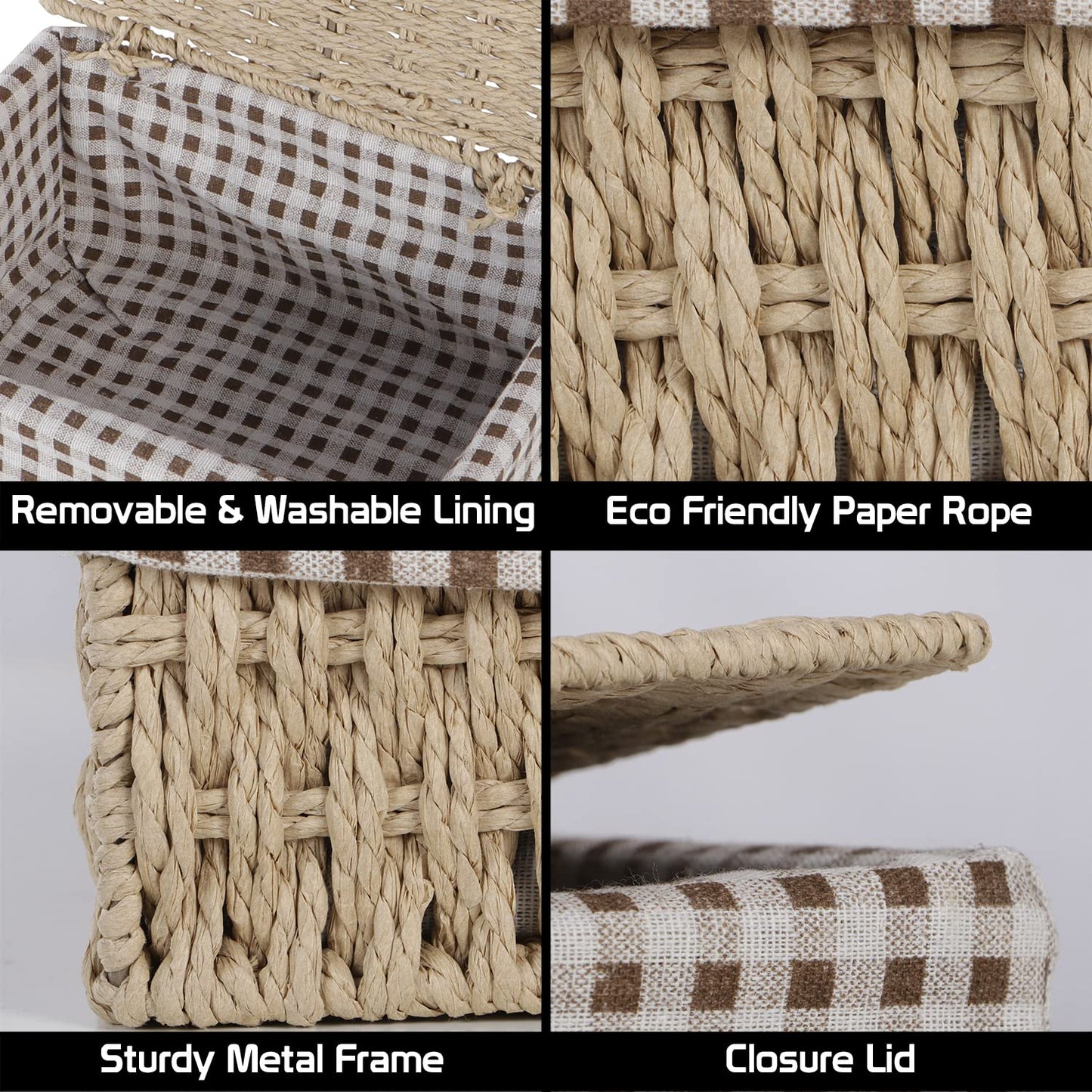 Environmental Friendly Paper Rope Wicker Storage Baskets with lid, Pack of 3, Beige