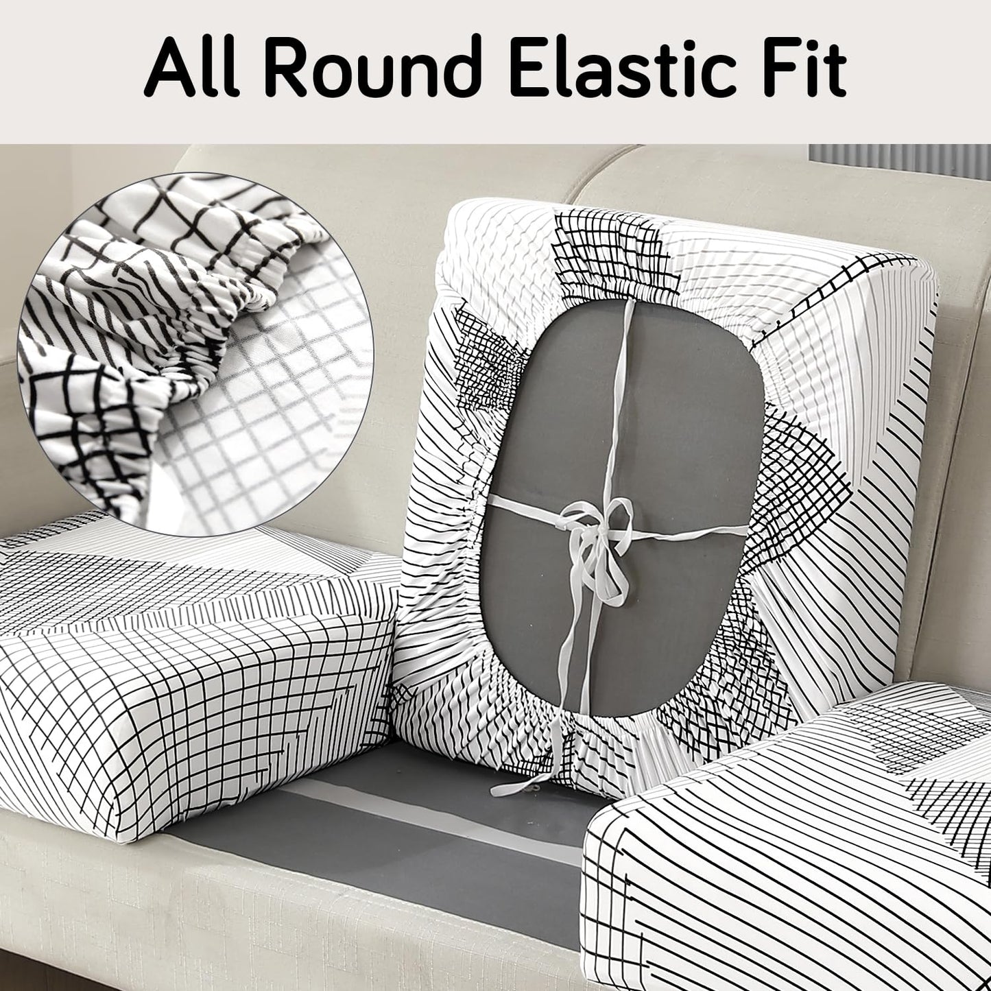 140 GSM Stretchable Printed Elastic Sofa Cushion Seat Cover for 1 /2 /3 Seaters / Pieces for Sofa, Snow White Black Geometry