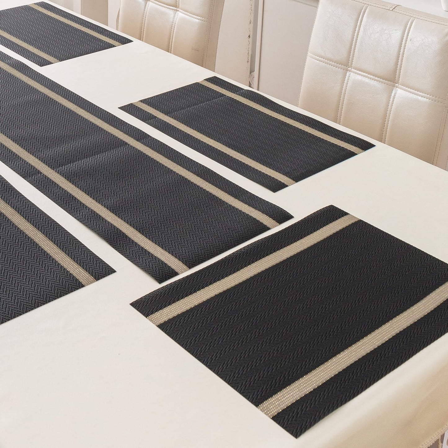 Chevron Stripes PVC Mats for Dining Table - Jet Black