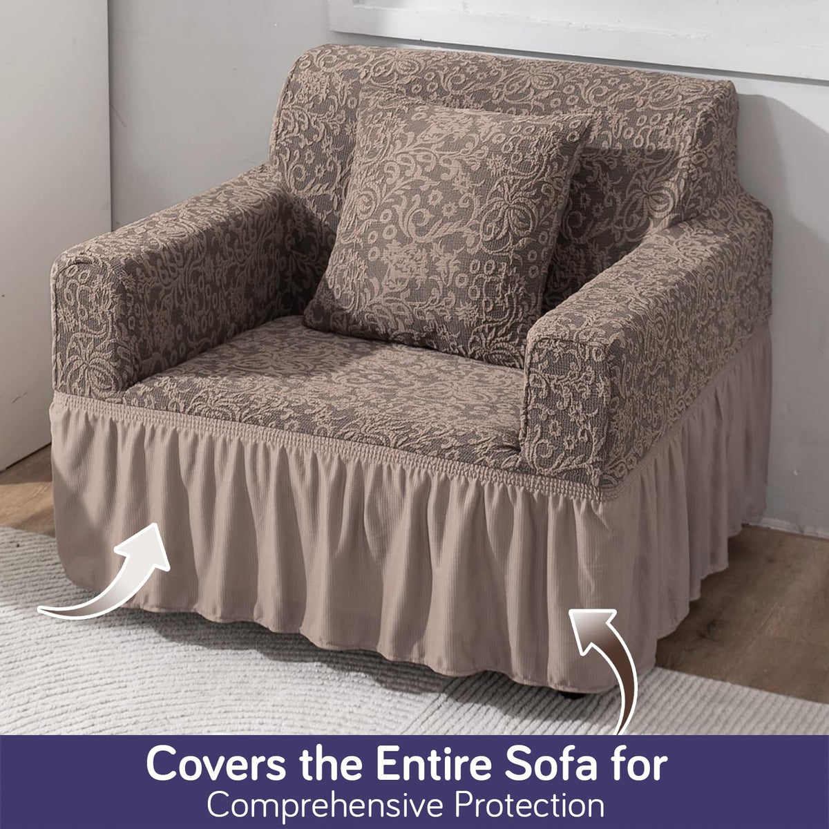 Elastic Stretchable Designer Woven Jacquard Sofa Cover with Frill, Light Taupe