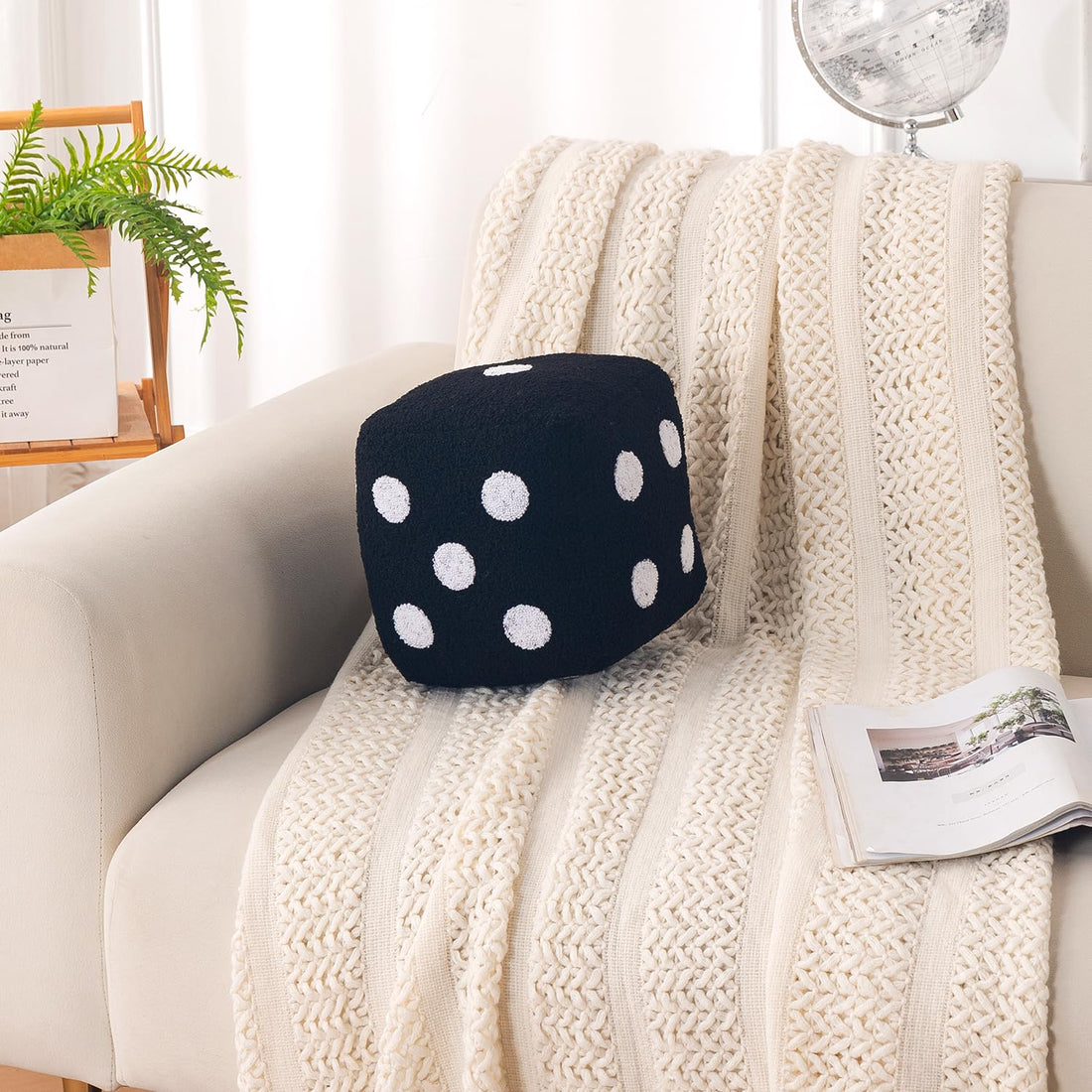 HOKIPO Dice Shaped Plush Cushion for Gaming Room & Kids Decor, 22 cm, Black