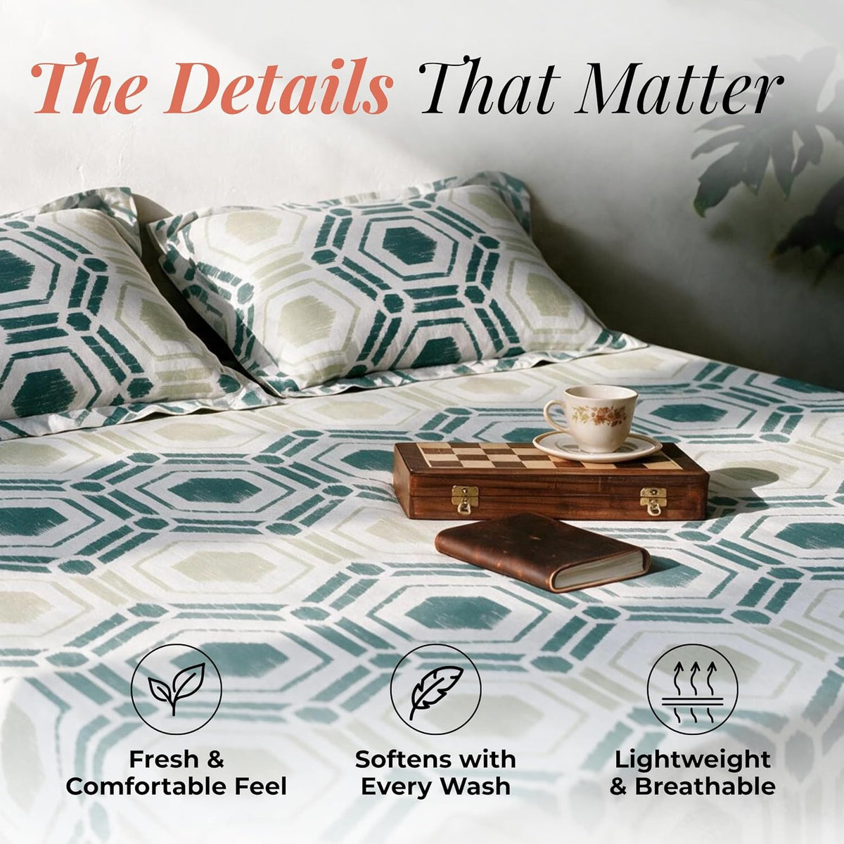 HOKIPO Geometric 180 TC Cotton Percale Flat Bedsheet, King Size, Green Teal - image 3