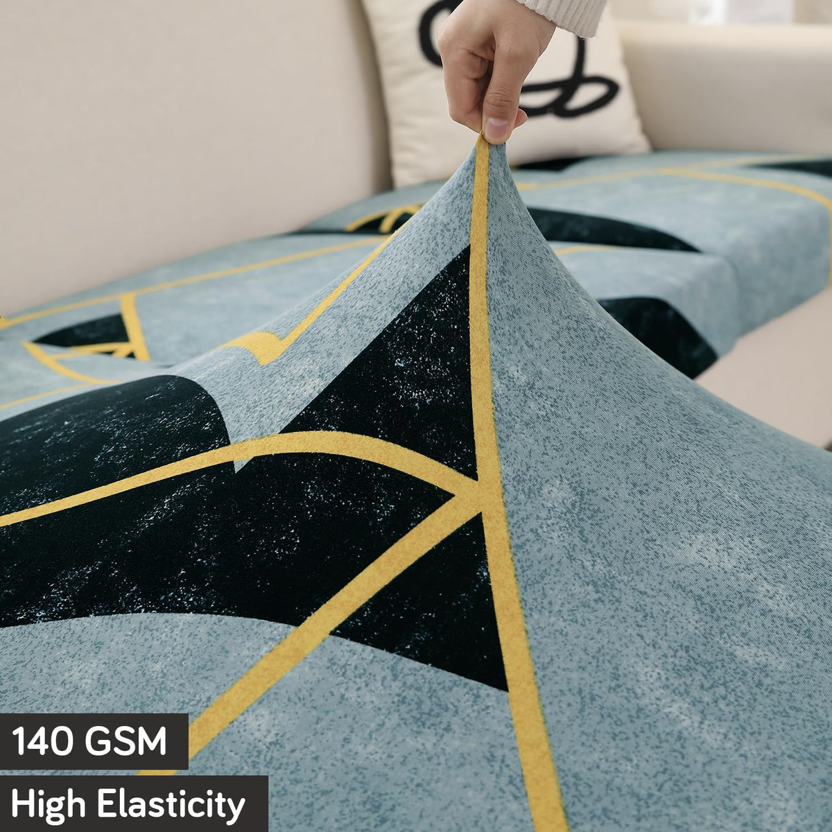 140 GSM Stretchable Printed Elastic Sofa Cushion Seat Cover for 1 /2 /3 Seaters / Pieces for Sofa, Multicolor Abstract Geometry
