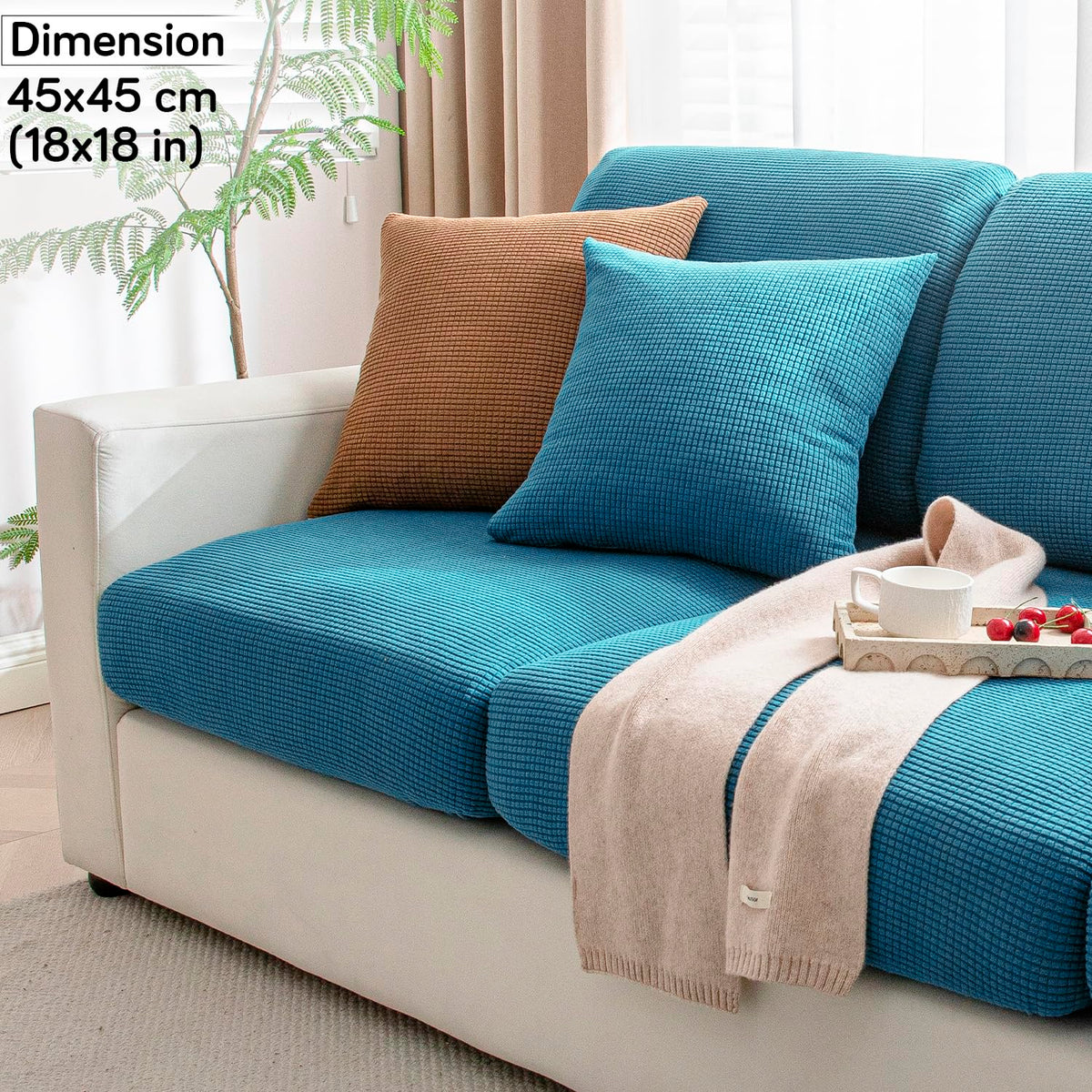 Teal Colour Grid Texture Jacquard Sofa Cushion Cover | 18x18 Inch Size