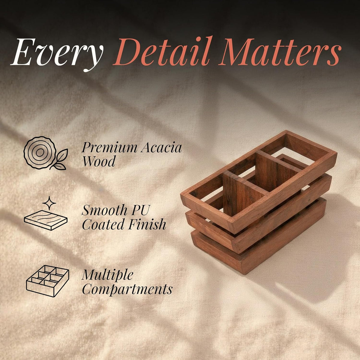 HOKIPO Arbor Acacia Wood Cutlery Holder, 3 Compartment Slatted Spoon Stand - image 3