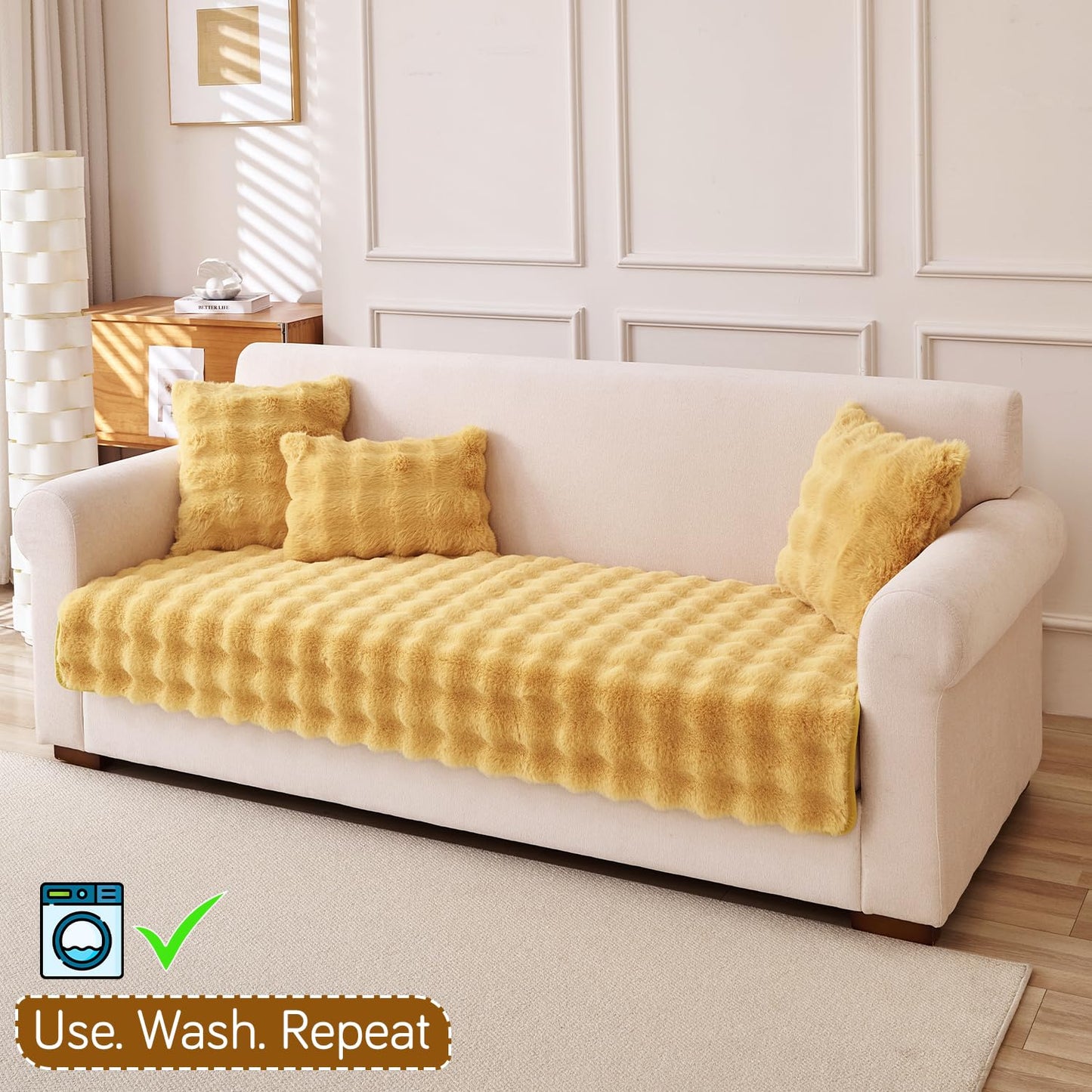 'FurHug' Premium Faux Rabbit Fur Sofa Seat Mats, Honey Yellow