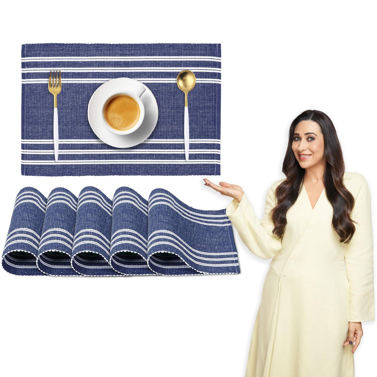 Ribbed Cotton Heat Resistant Dining Table Mat, Blue