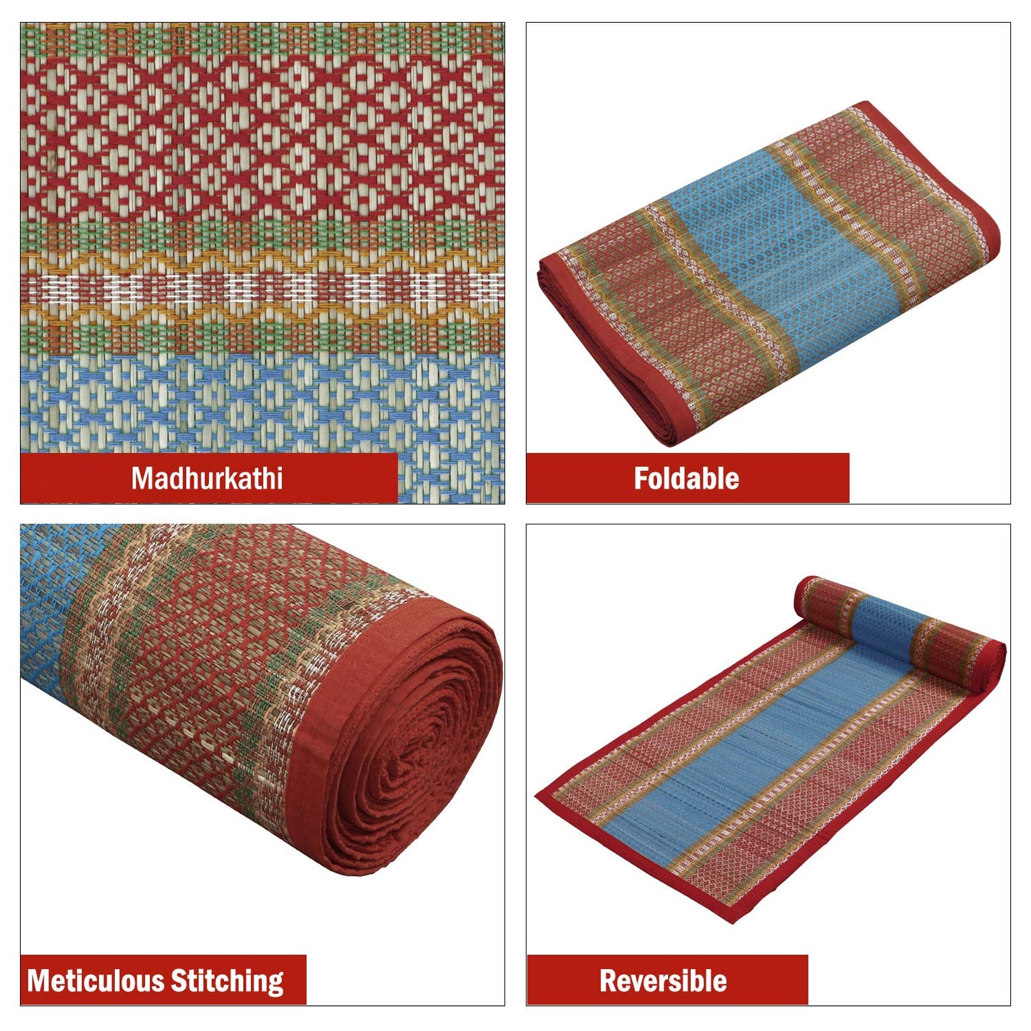 Natural Handmade Madurkathi Large Chatai Mats for Home, Red
