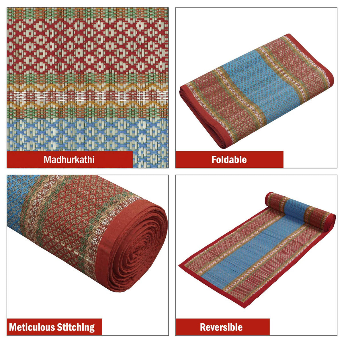 Red chatai mat - Madhurkathi, Foldable, Reversible & Meticulous Stitching | HOKIPO
