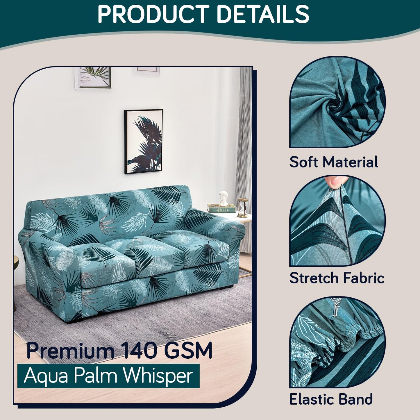 Printed Stretchable Sofa Slipcover with 1/2/3 Pc Separate Seat Cushion Cover for each 1/2/3 Seater, Aqua Palm Whisper